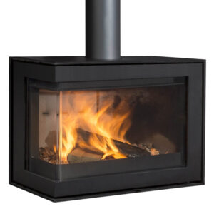 Wanders S75 Edge Corner Black Edition Wood-Burning Stove - Left Side Glass, Flat Base