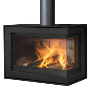 Wanders S75 Edge Corner Black Edition Wood-Burning Stove - Right Side Glass, Flat Base